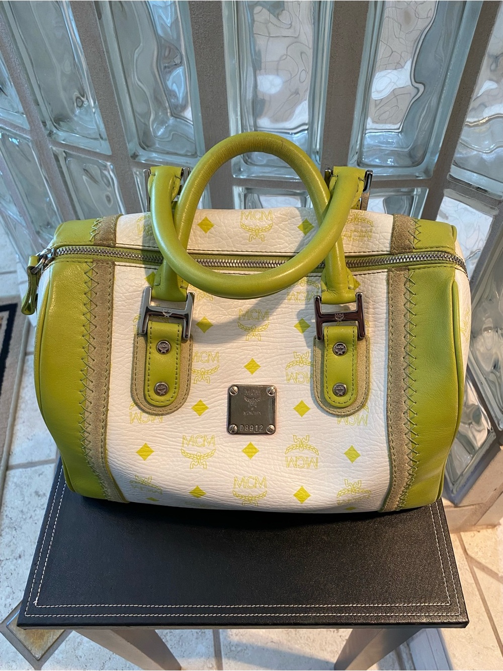 MCM White/Lime Green Leather,  Suede & Coated Canvas Satchel w/ Silver Hardware.